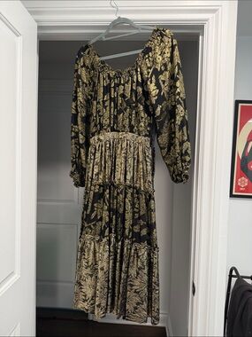 Vintage Vicky Tiel Black & Gold Floral Embroidered Tiered Midi Dress